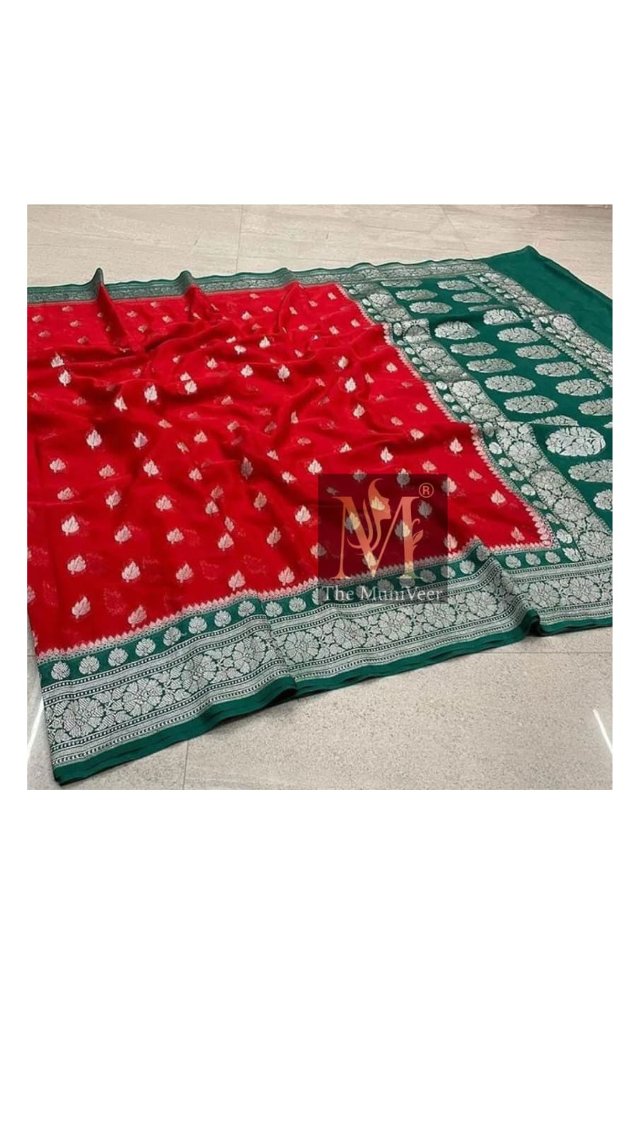 Red with green leaf design Banaras Katan semi georgette saree 01