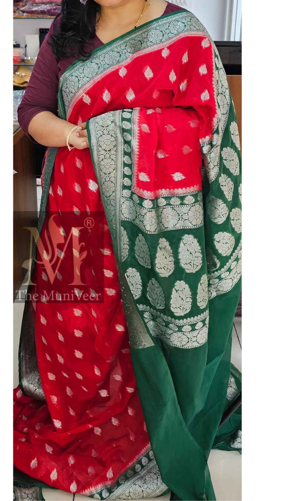Red with green leaf design Banaras Katan semi georgette saree 01