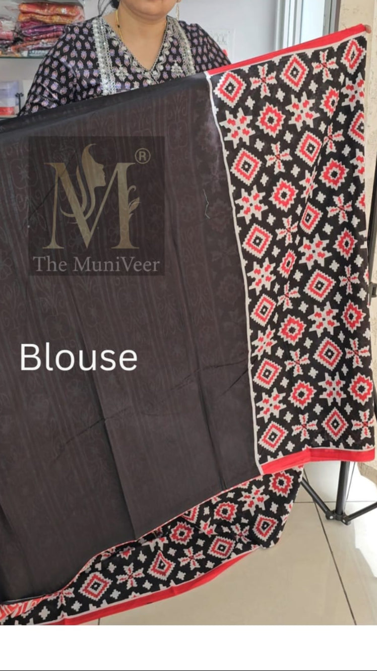 Black & red geometrical design Mul cotton Saree