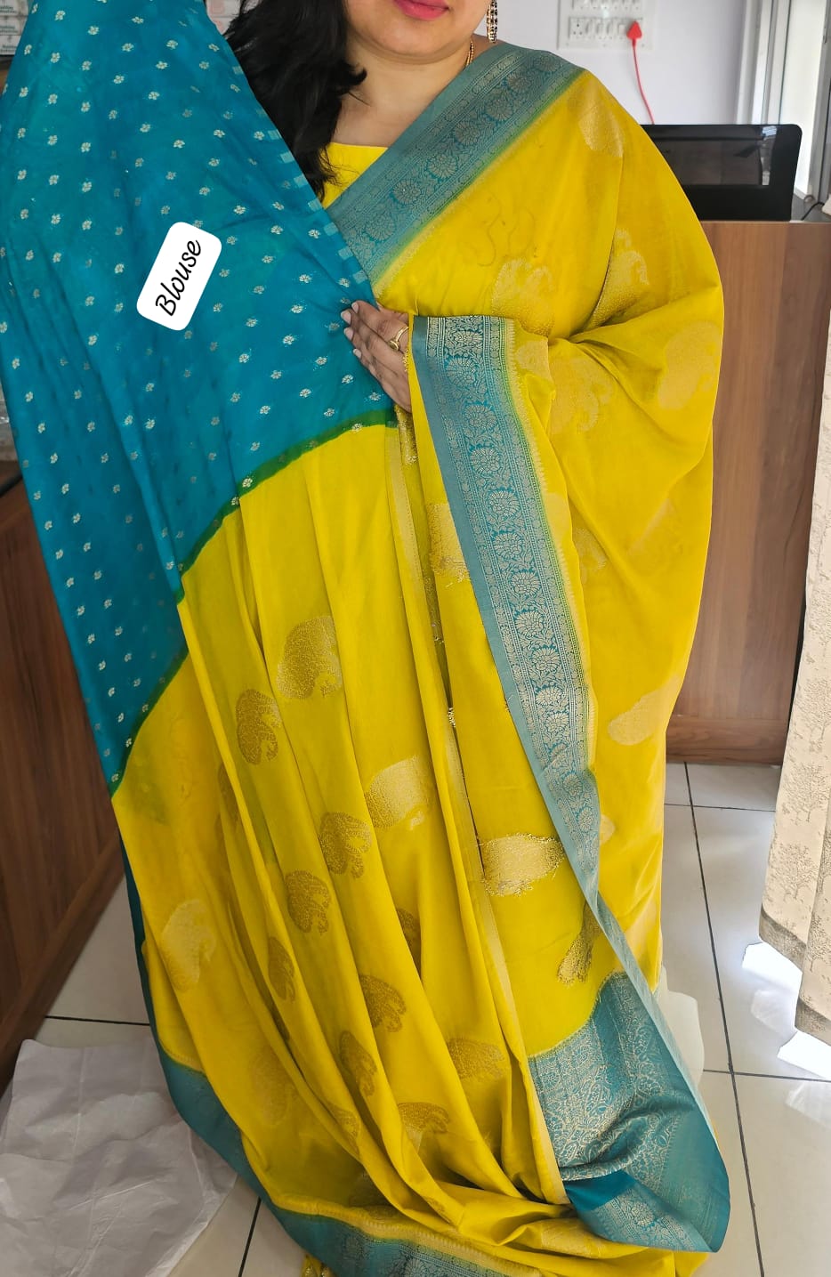 Yellow N Rama Blue Soft Georgette Saree 04 with Mango Design