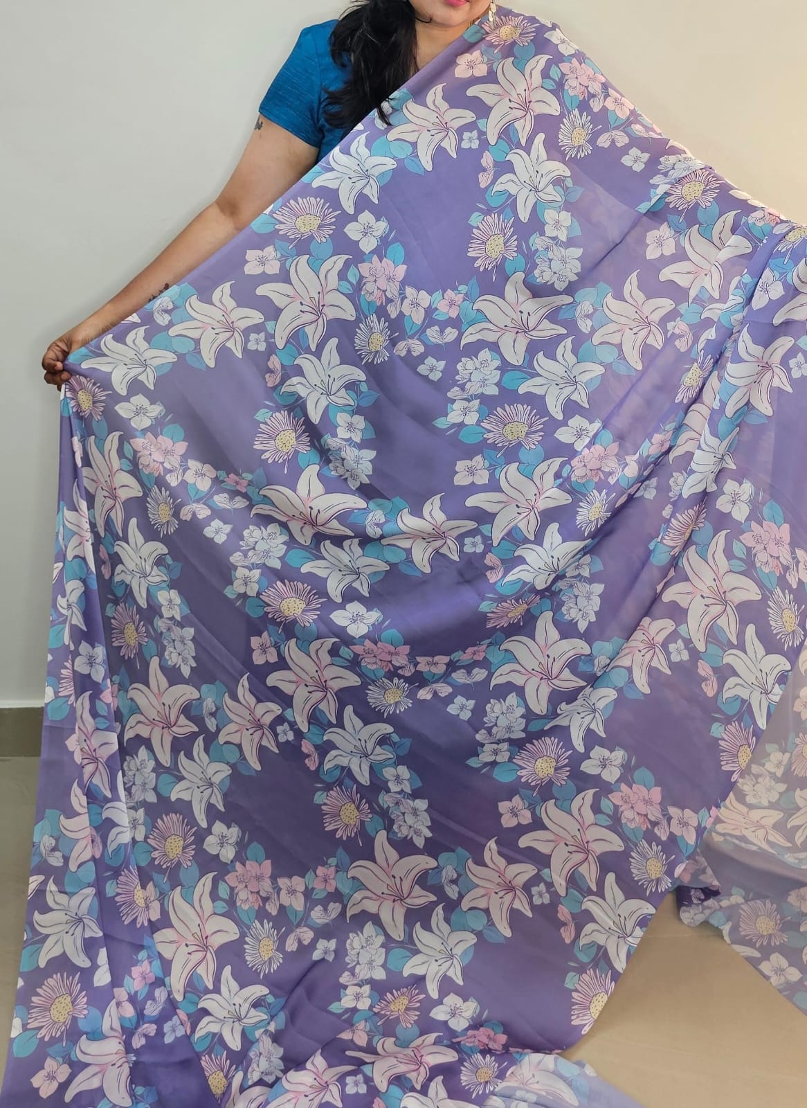 Digital print saree purple with floral design 02