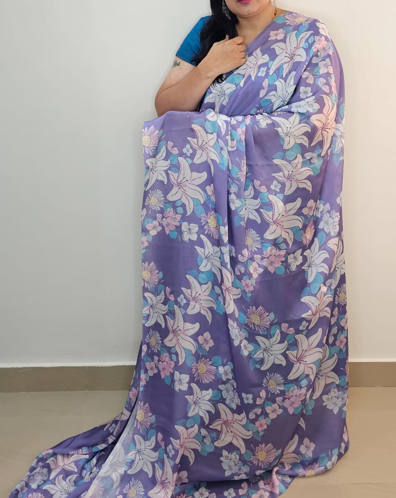Digital print saree purple with floral design 02