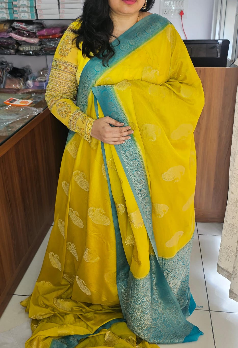 Yellow N Rama Blue Soft Georgette Saree 04 with Mango Design