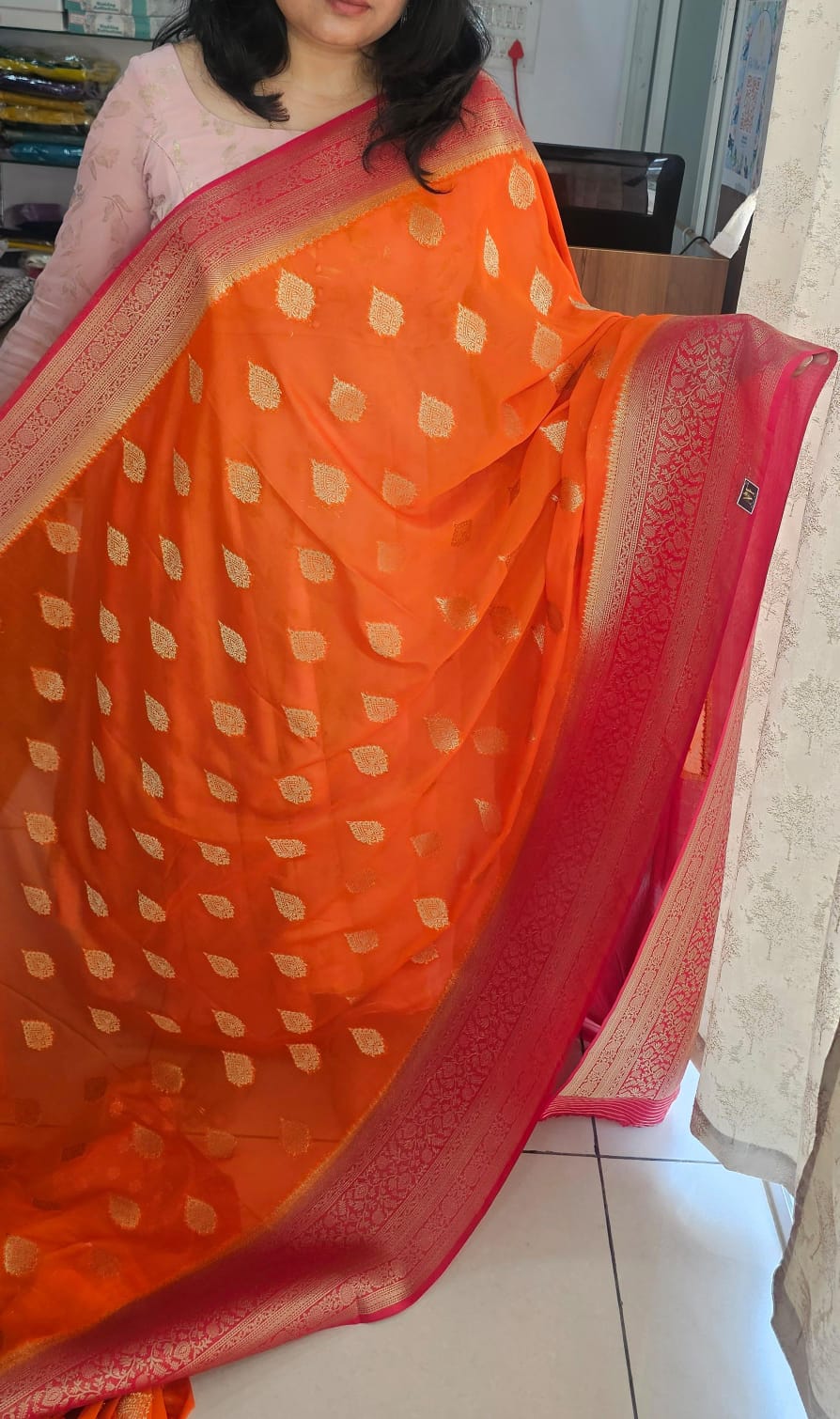 Italian Georgette Saree 1 Orange/Pink butta design