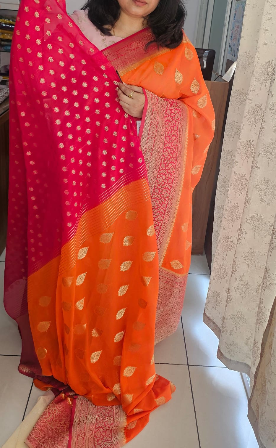 Italian Georgette Saree 1 Orange/Pink butta design