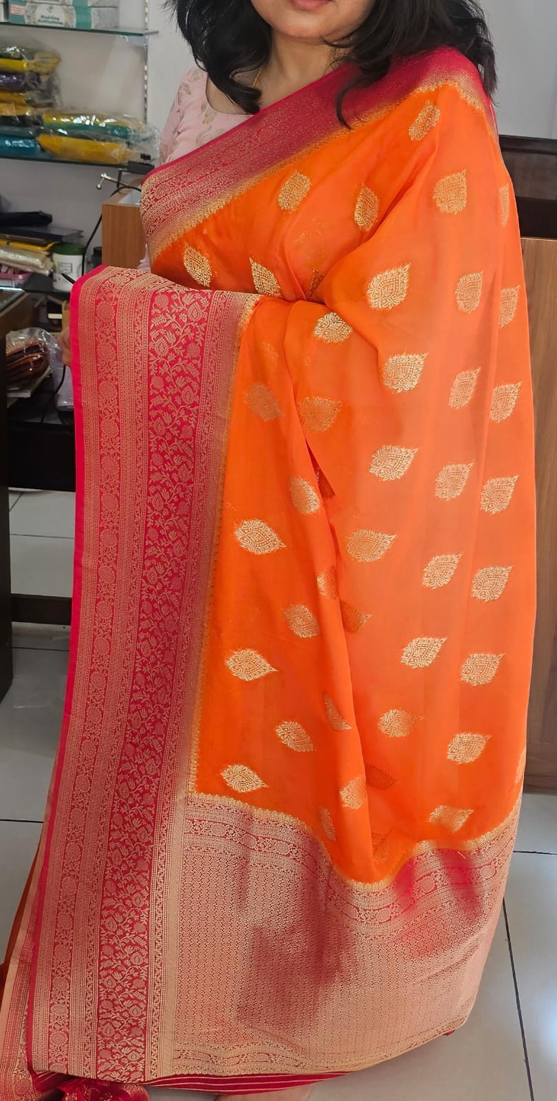 Italian Georgette Saree 1 Orange/Pink butta design