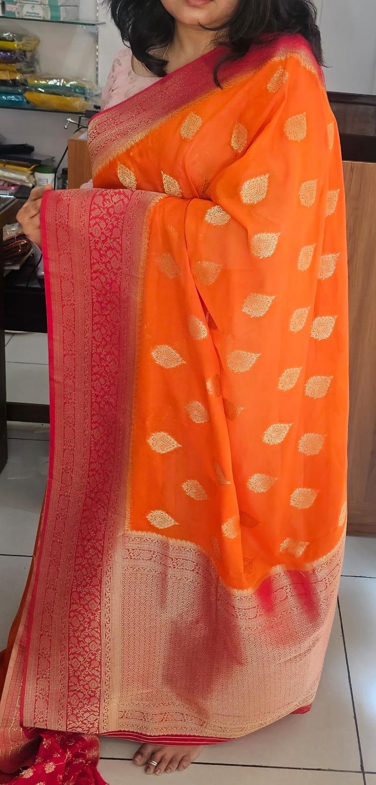 Italian Georgette Saree 1 Orange/Pink butta design