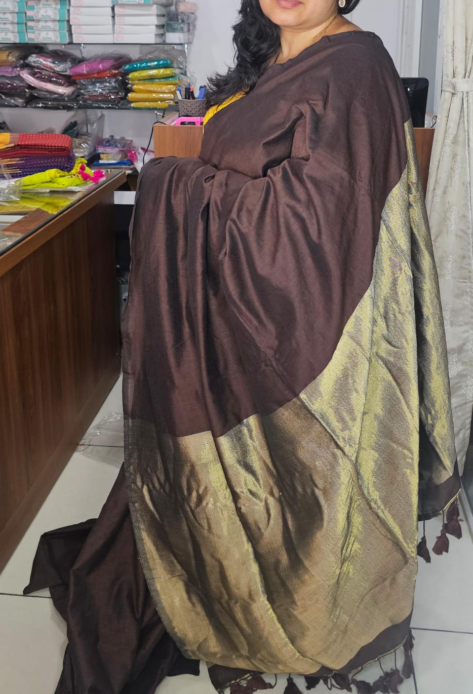 Khadi Plain Zari Pallu Saree Brown 02