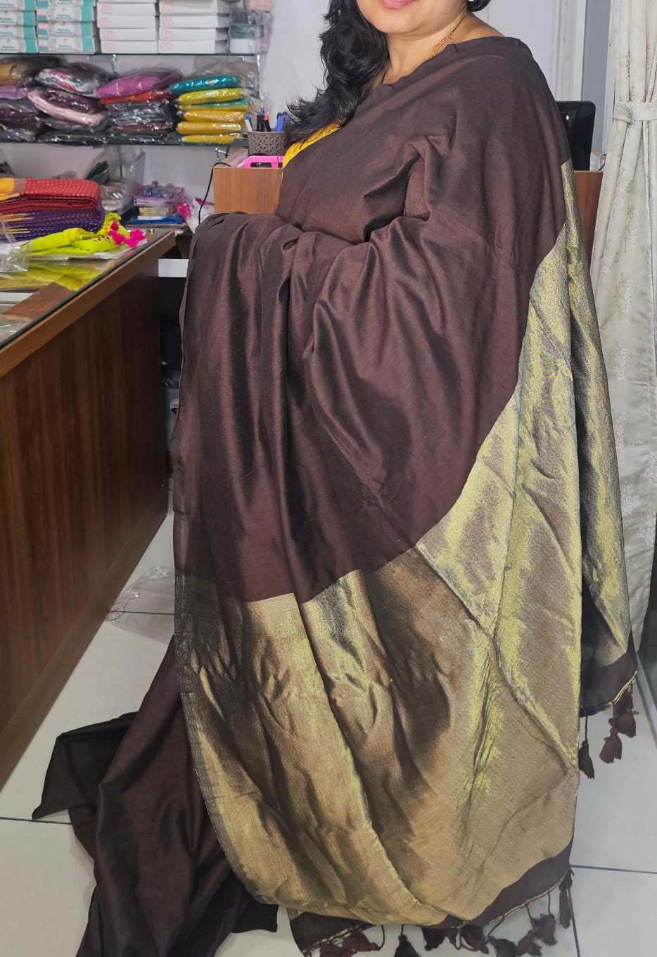 Khadi Plain Zari Pallu Saree Brown 02