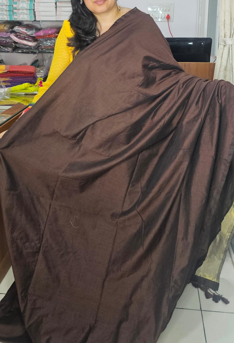 Khadi Plain Zari Pallu Saree Brown 02