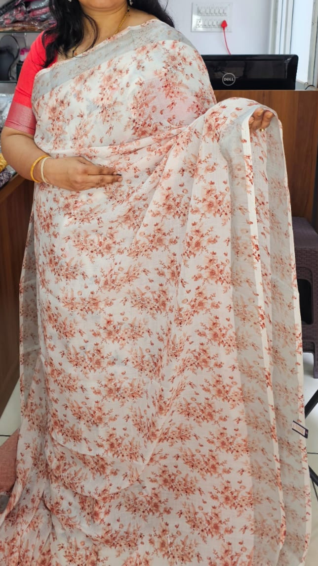 Light brown flower design Linen digital print saree