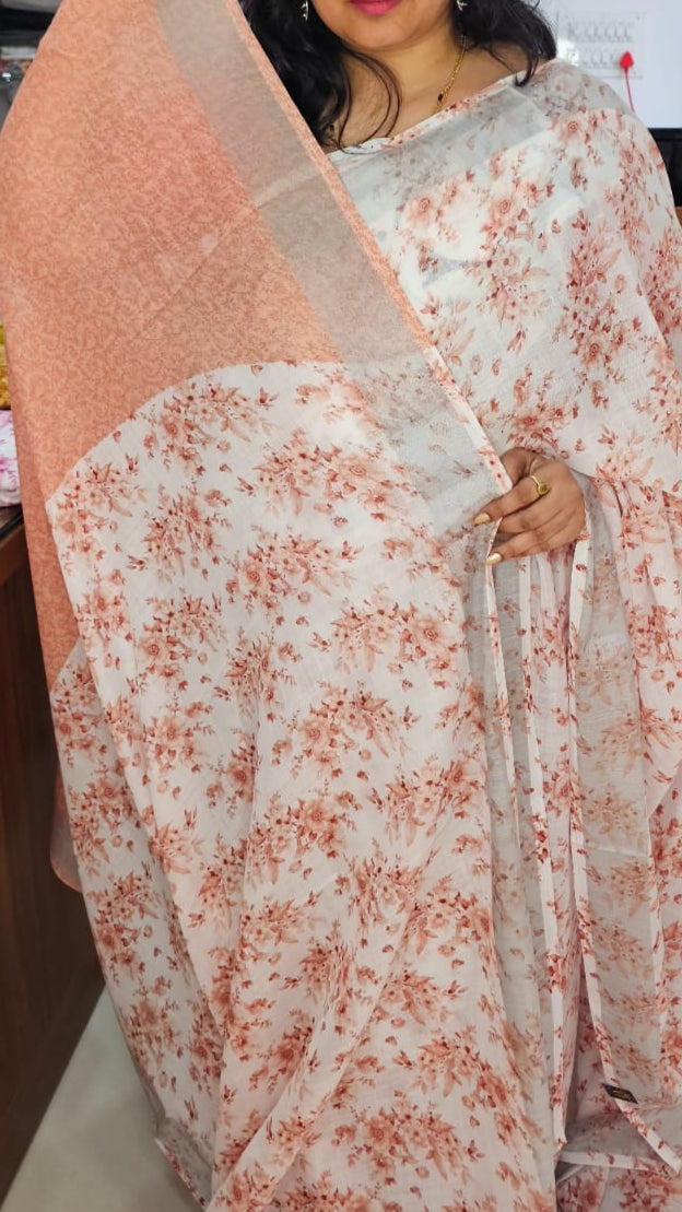 Light brown flower design Linen digital print saree