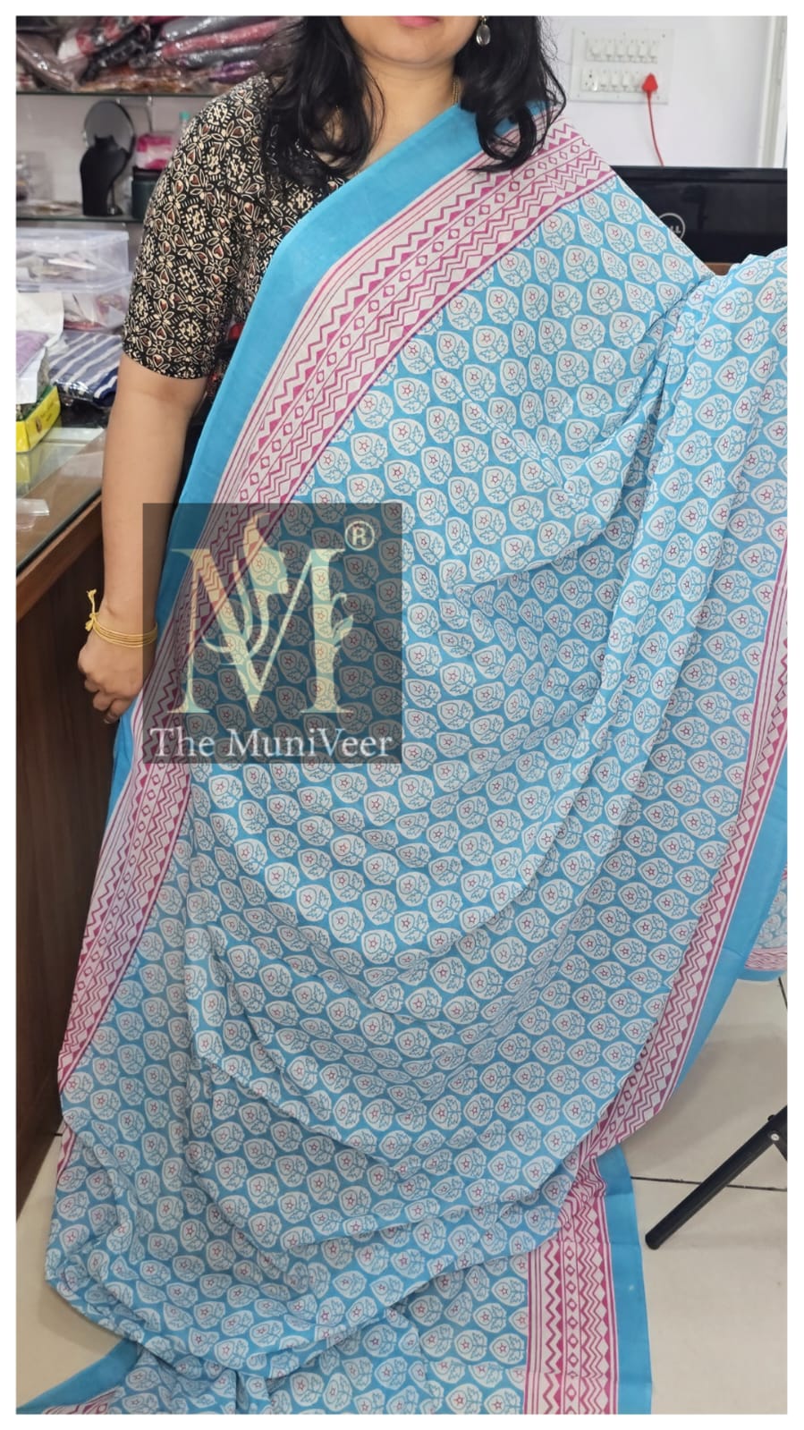 Blue & pink Mul cotton with flower print
