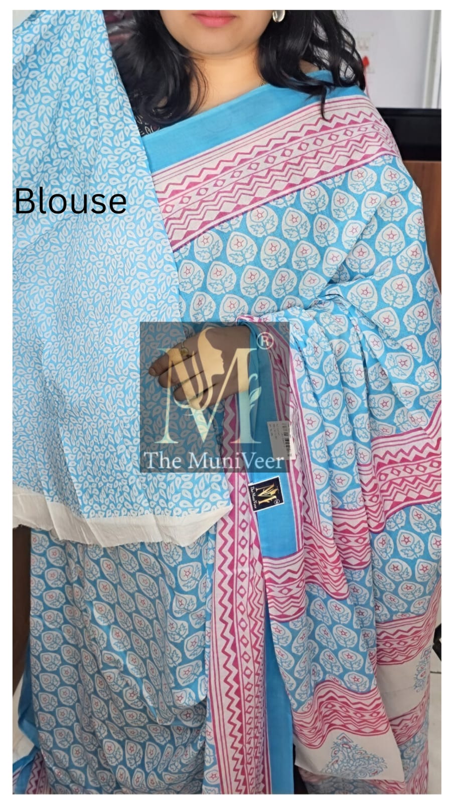 Blue & pink Mul cotton with flower print