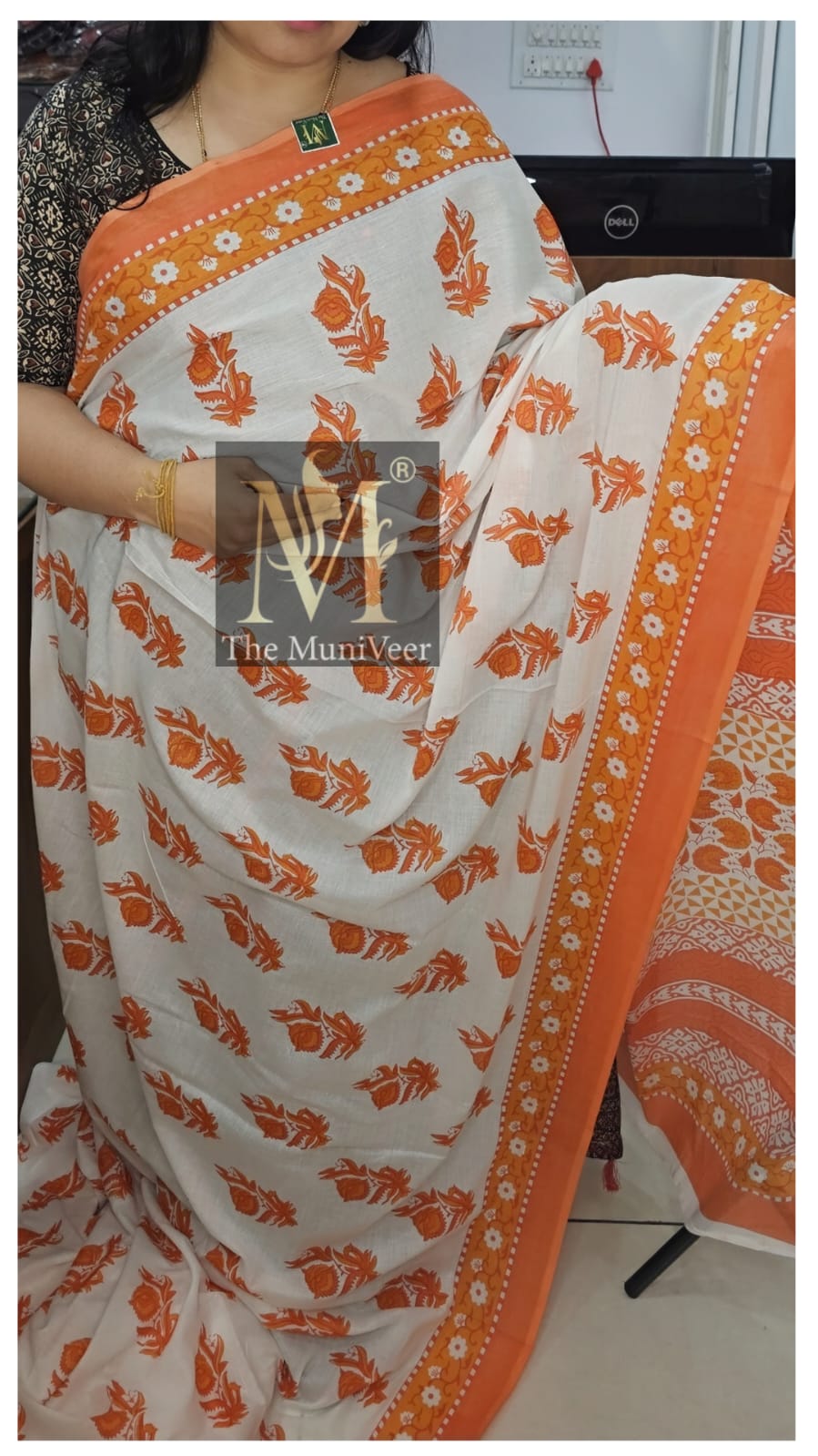 Orange & white Mul cotton saree with floral print