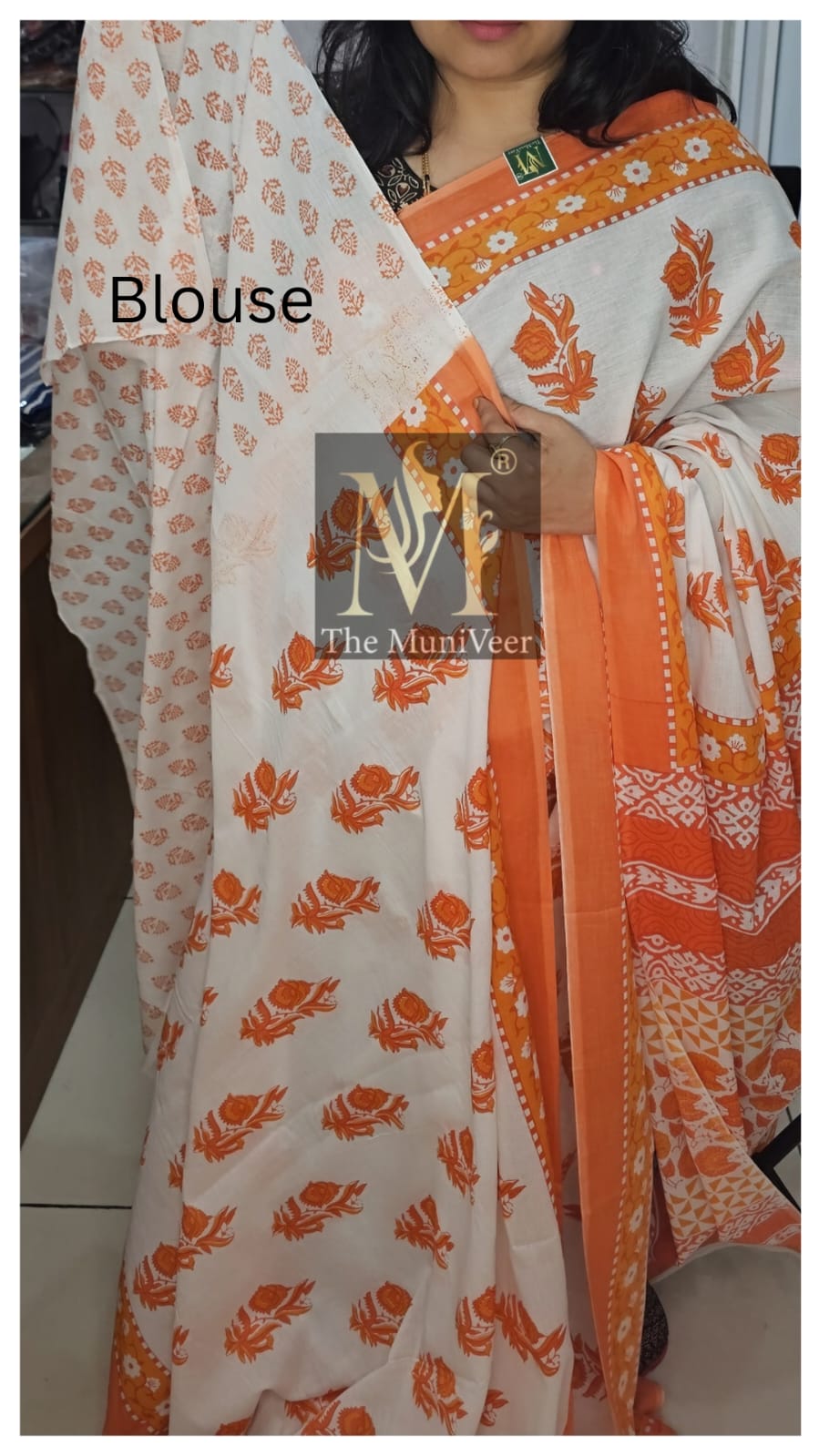 Orange & white Mul cotton saree with floral print