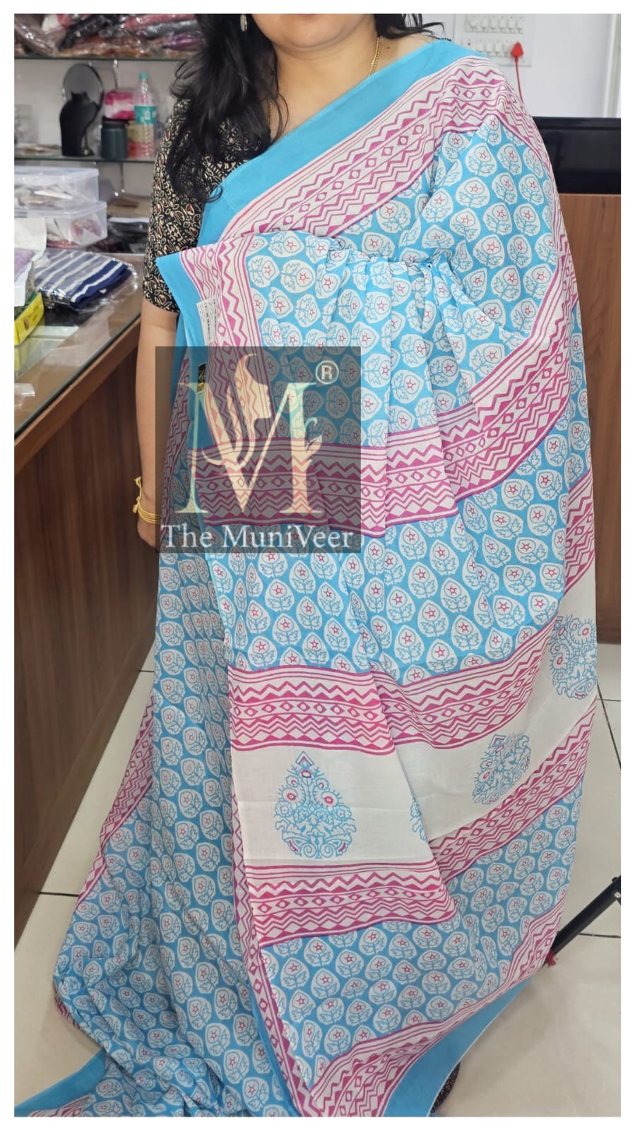 Blue & pink Mul cotton with flower print