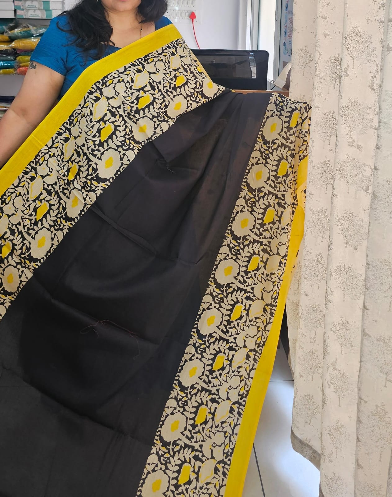 Black & yellow flower design Mul cotton saree