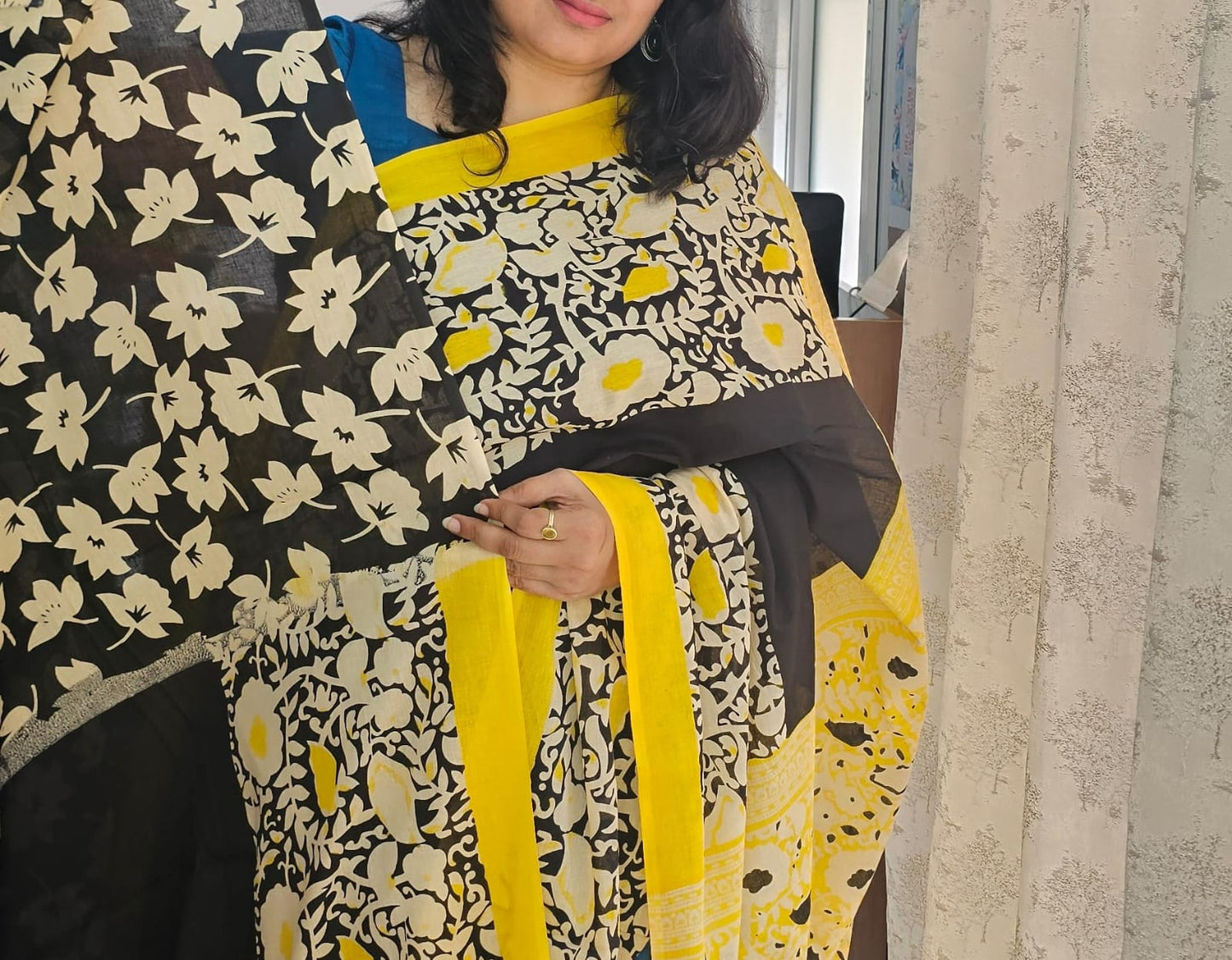 Black & yellow flower design Mul cotton saree