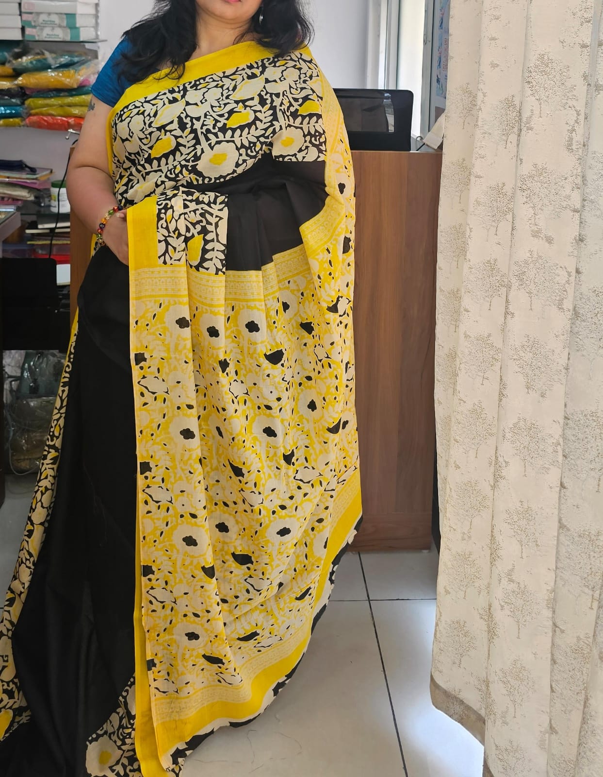 Black & yellow flower design Mul cotton saree