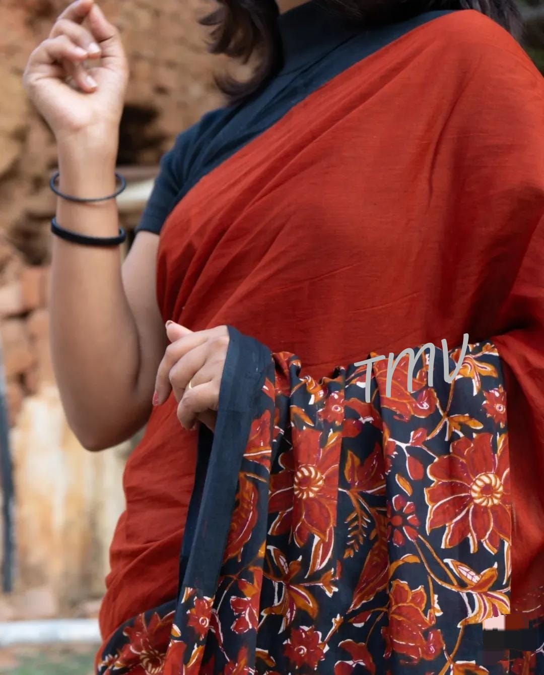 Brick red & black flower design Mul cotton saree