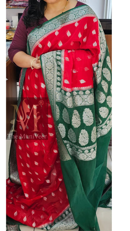 Red with green leaf design Banaras Katan semi georgette saree 01