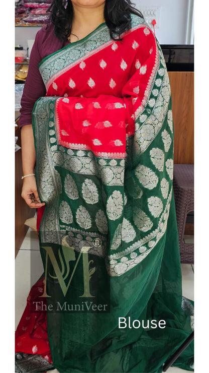 Red with green leaf design Banaras Katan semi georgette saree 01