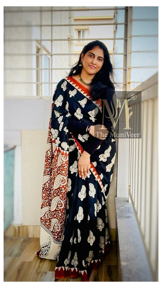 Black with light brick red leaf design Mul Cotton saree