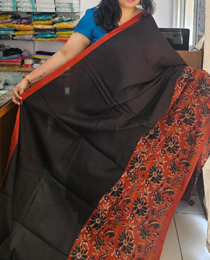 Black & brick red flower design Mul cotton saree