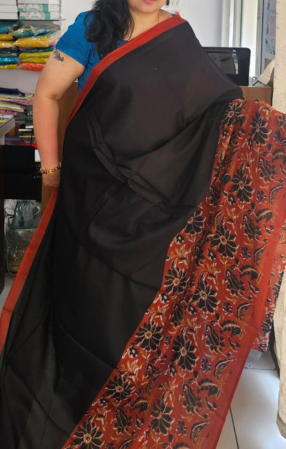 Black & brick red flower design Mul cotton saree