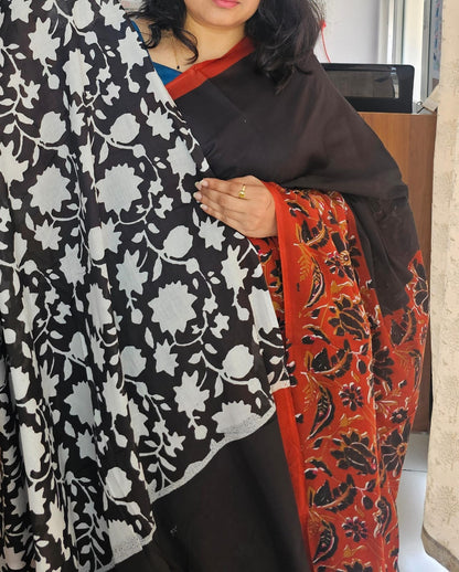Black & brick red flower design Mul cotton saree
