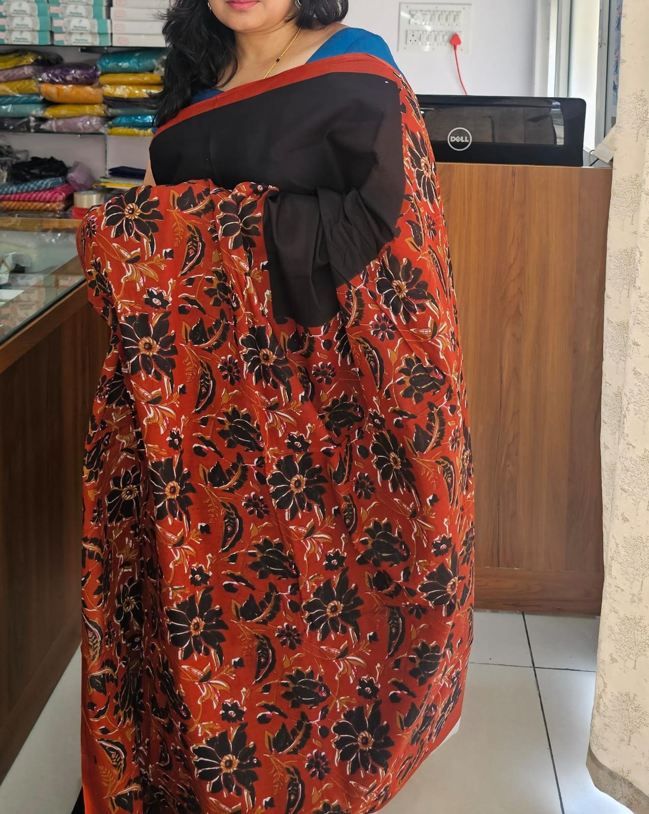 Black & brick red flower design Mul cotton saree