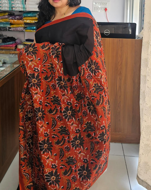 Black & brick red flower design Mul cotton saree