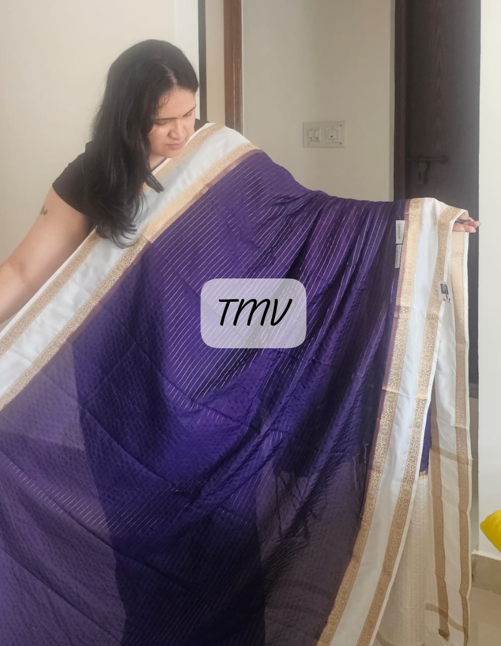 Crepe Saree with Bentex border and horizontal stripes design 01 DP/HW