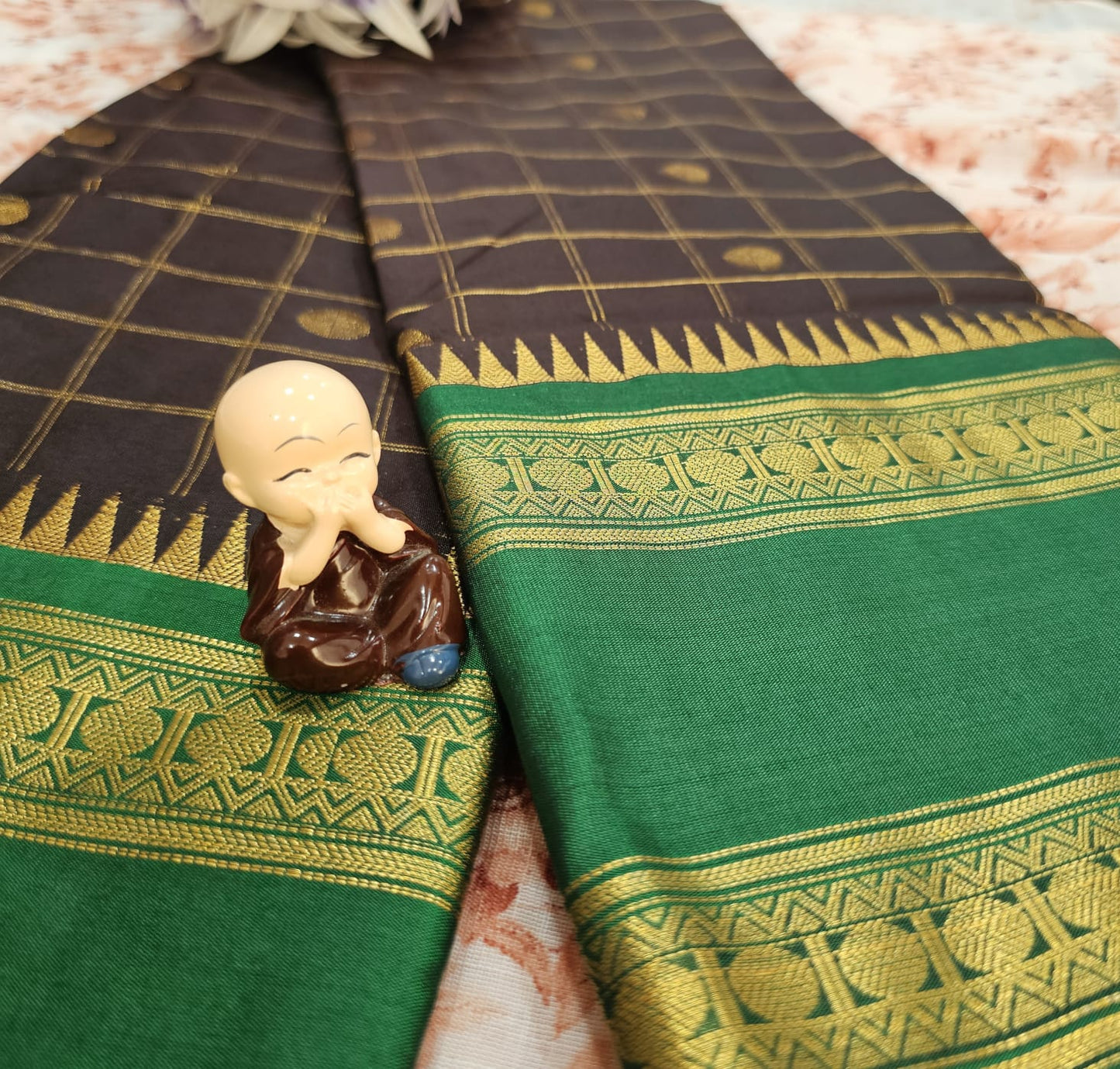 Butta Soft Silk Saree 4 Chocolate brown&Green