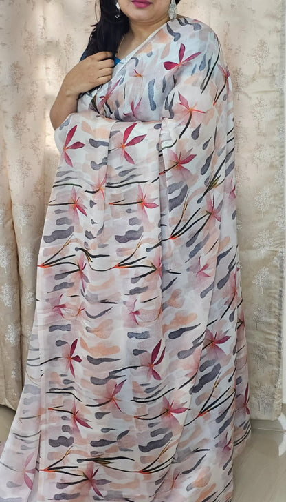 Digital print saree Cream with leaf design 01