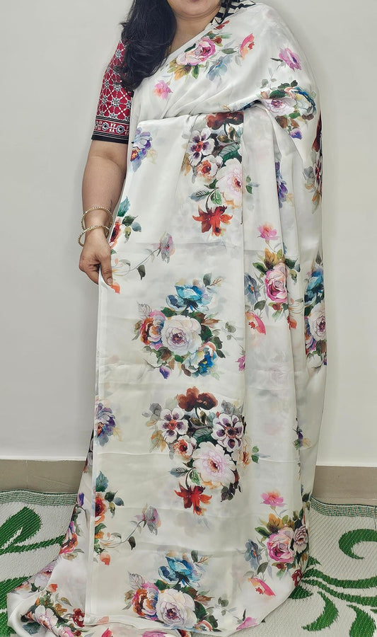 Digital Print Saree White with floral Design 03