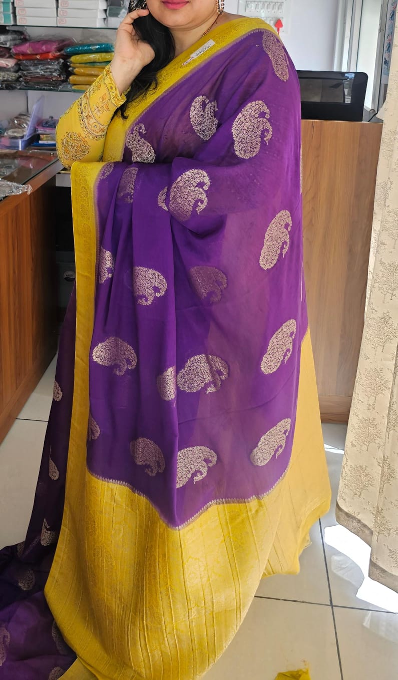 Purple N Yellow Soft Georgette Saree 03 with Mango Design