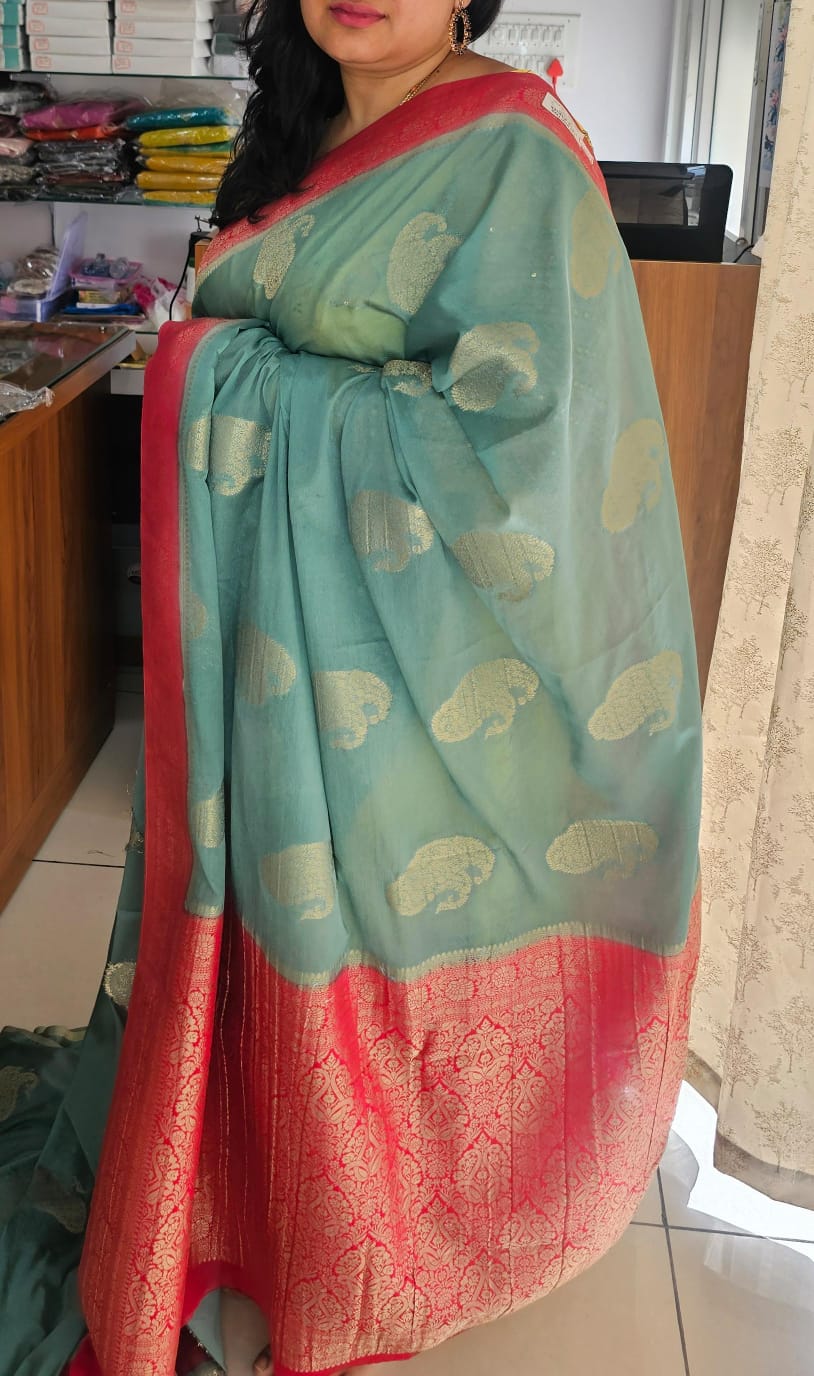 Mint Green N Pink Soft Georgette Saree 02 with Mango Design