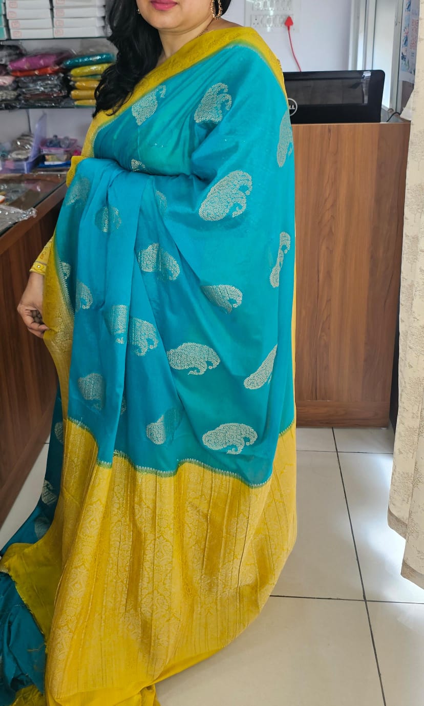 Rama Blue N Yellow Soft Georgette Saree 01 with Mango Design
