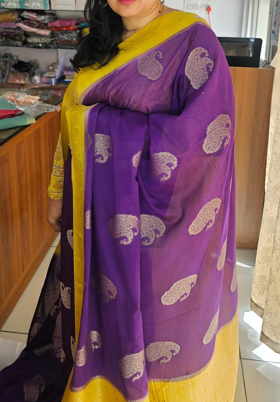 Purple N Yellow Soft Georgette Saree 03 with Mango Design