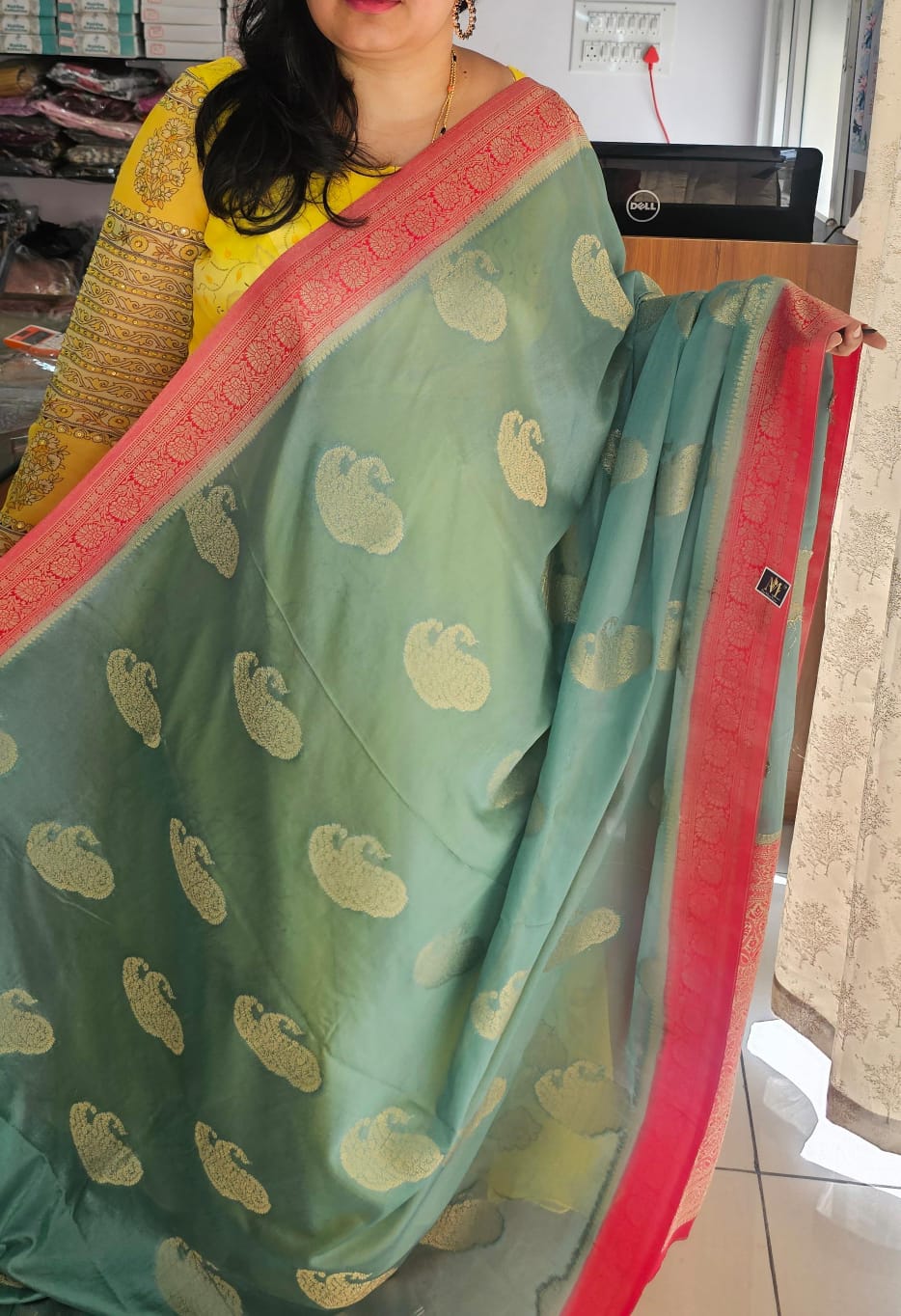Mint Green N Pink Soft Georgette Saree 02 with Mango Design