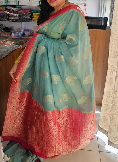 Mint Green N Pink Soft Georgette Saree 02 with Mango Design