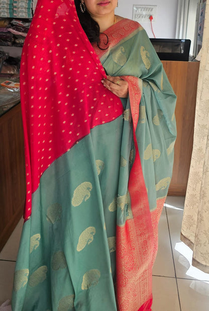 Mint Green N Pink Soft Georgette Saree 02 with Mango Design