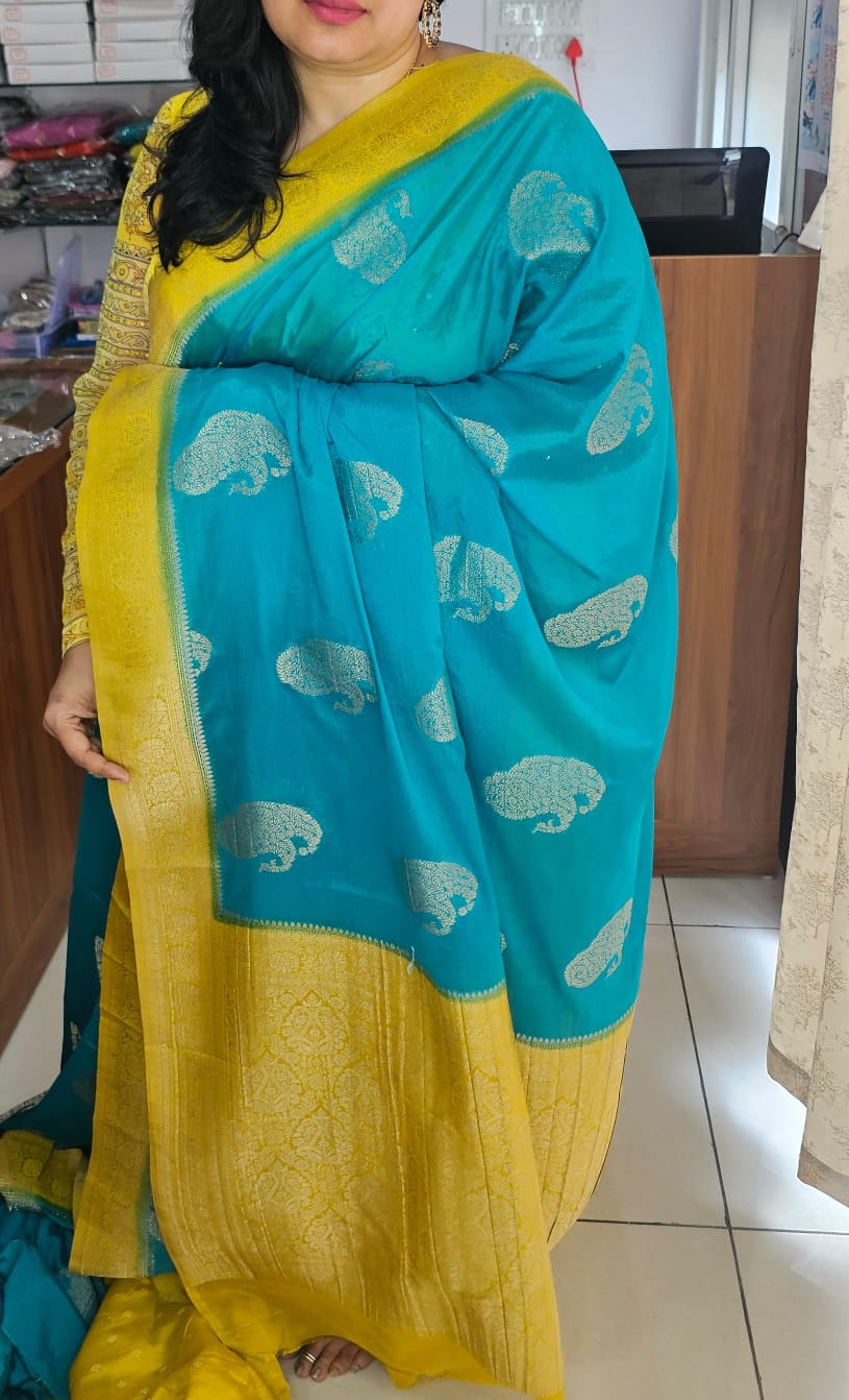 Rama Blue N Yellow Soft Georgette Saree 01 with Mango Design