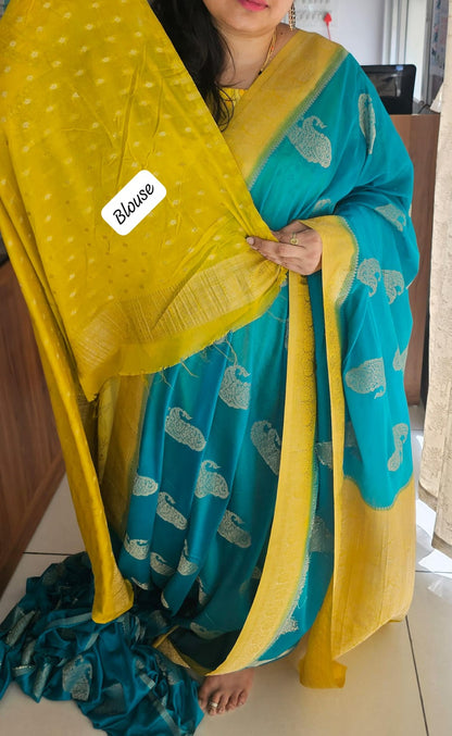 Rama Blue N Yellow Soft Georgette Saree 01 with Mango Design