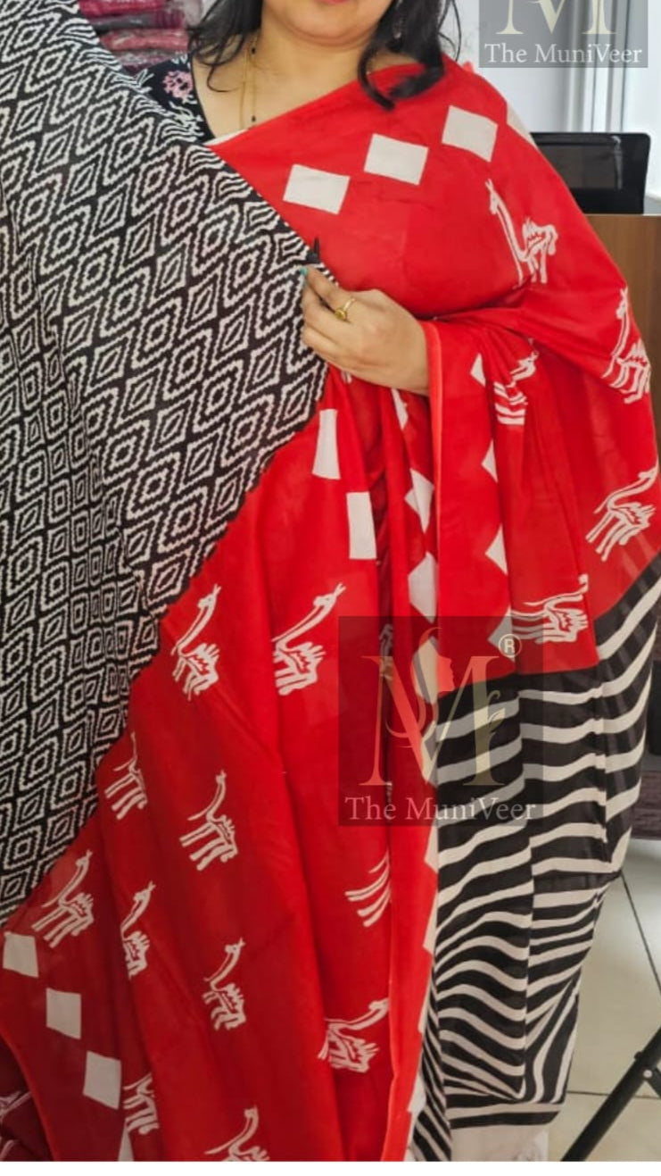 Red & white camel design Mul cotton hand block print saree