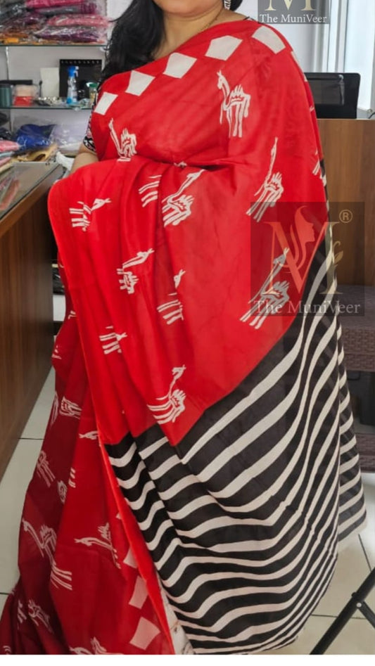 Red & white camel design Mul cotton hand block print saree