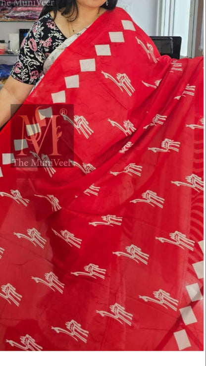 Red & white camel design Mul cotton hand block print saree