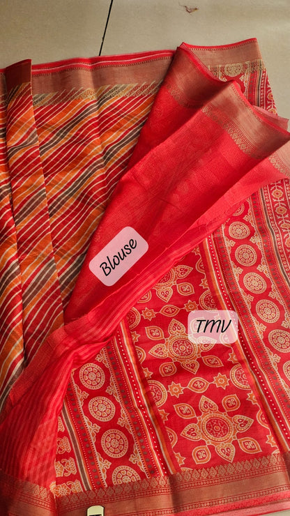 Kankavathi Silk Saree Pink/Orange Slanting Line 1